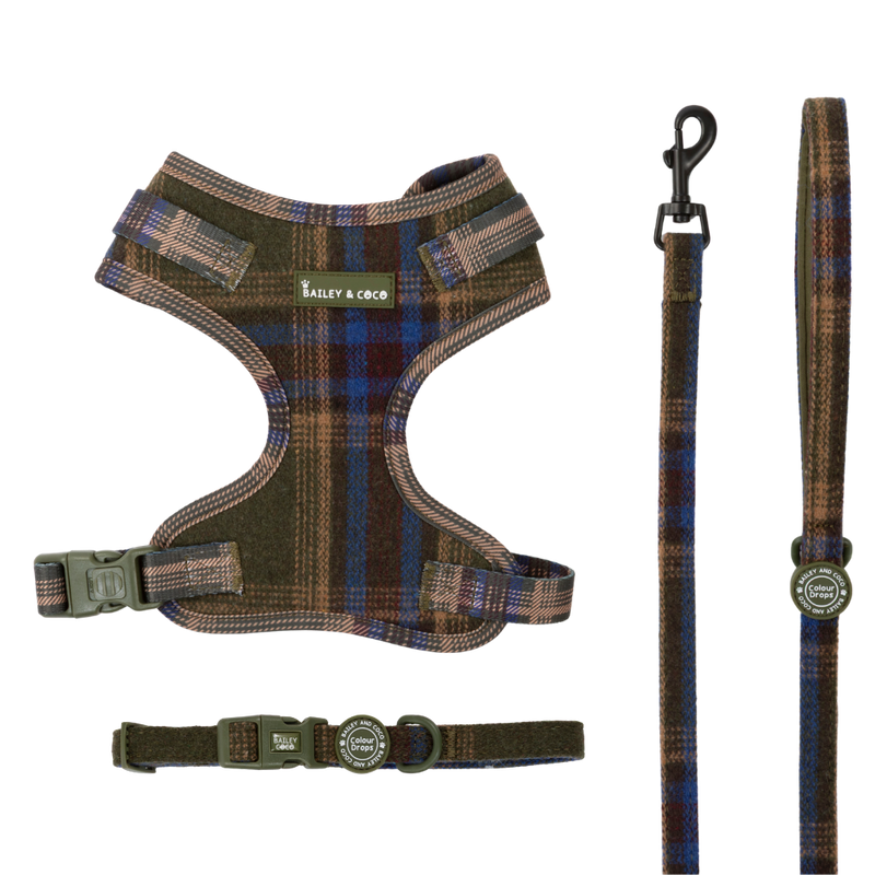 Mayfair Tweed Lightweight & Adjustable Dog Harness, Lead & Collar Bundle