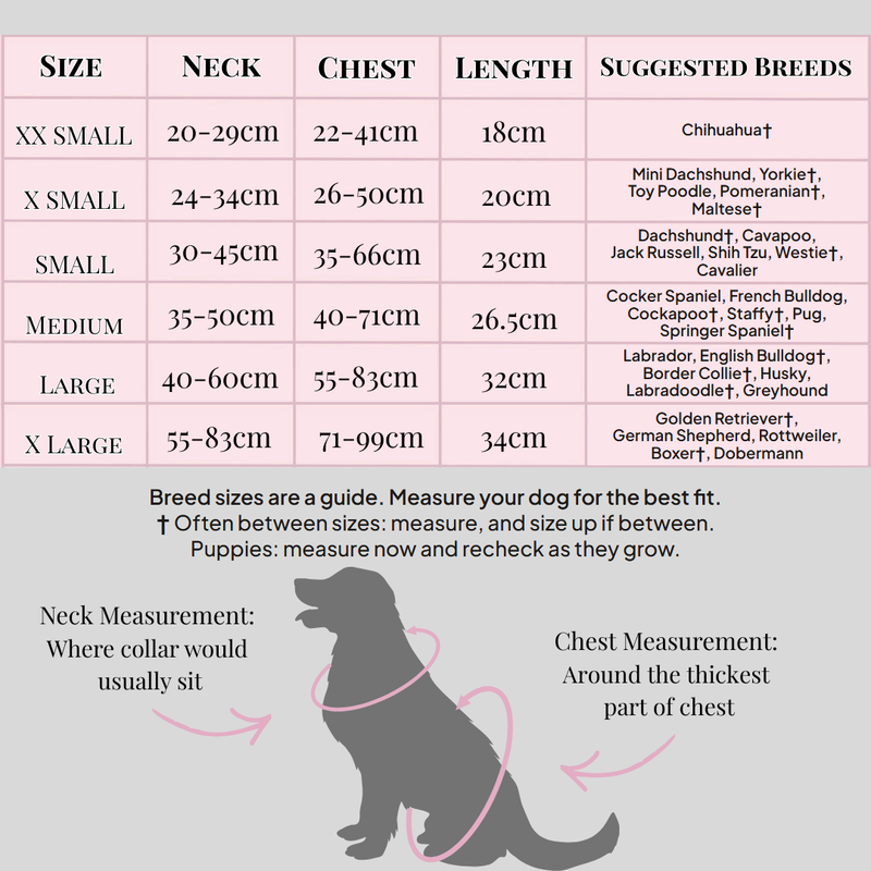 Trail & Glow harness size chart, XXS to XL, with suggested breeds - Bailey and Coco (UK)