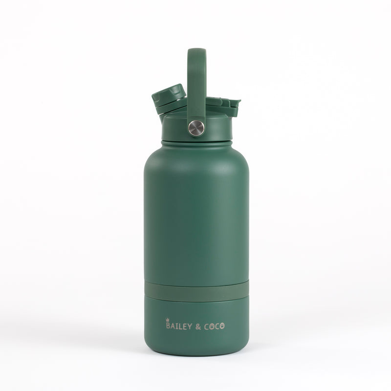 2-in-1 Dog Walking Water Bottle with Straw & Treat Bowl - 1L - Forest Walk