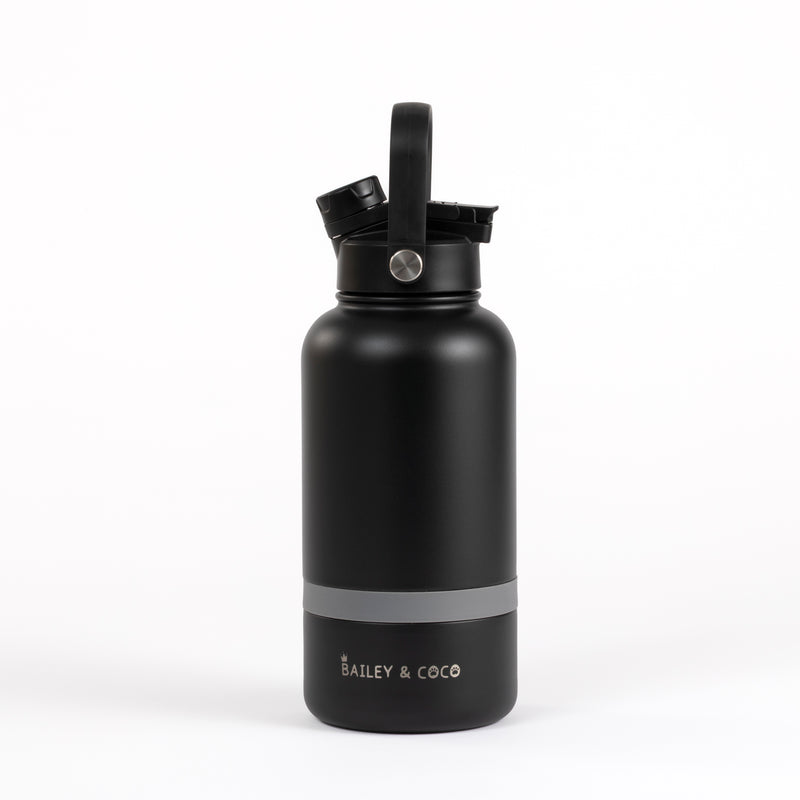 2-in-1 Dog Walking Water Bottle with Straw & Treat Bowl - 1L - Jet Black