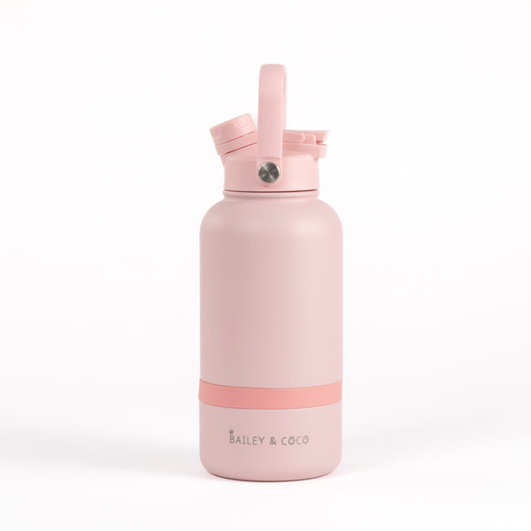 2-in-1 Dog Walking Water Bottle with Straw & Treat Bowl - 1L - Ballet Pink.