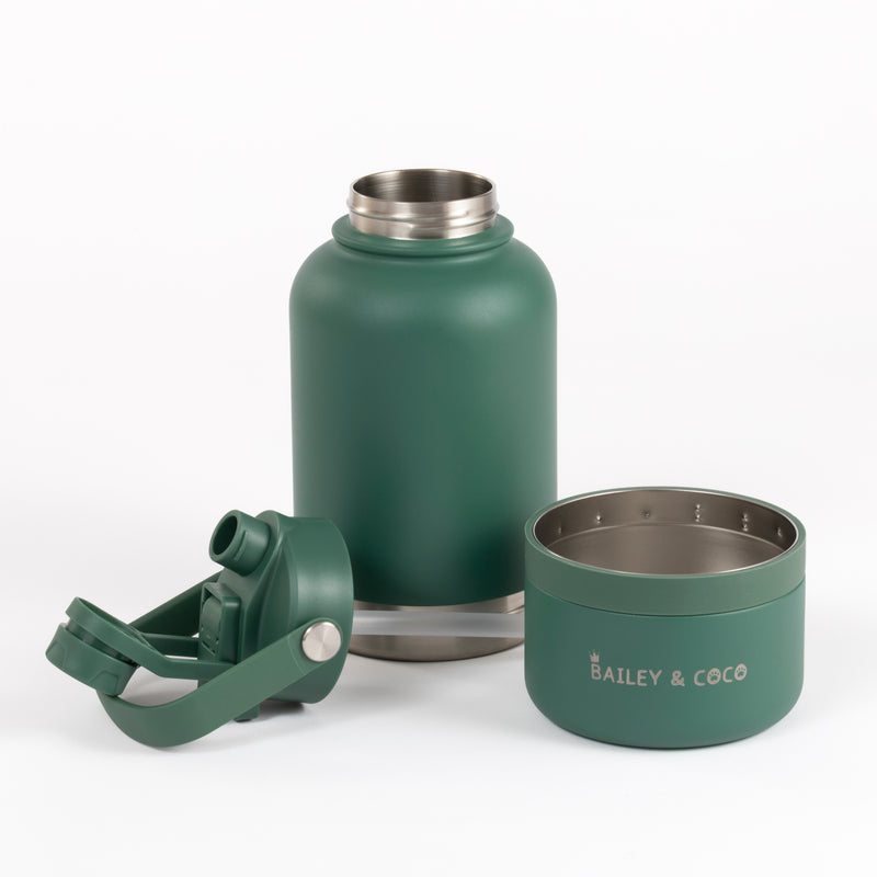 2-in-1 Dog Walking Water Bottle with Straw & Treat Bowl - 1L - Forest Walk