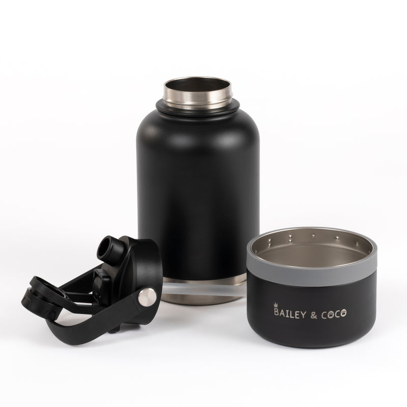 2-in-1 Dog Walking Water Bottle with Straw & Treat Bowl - 1L - Jet Black
