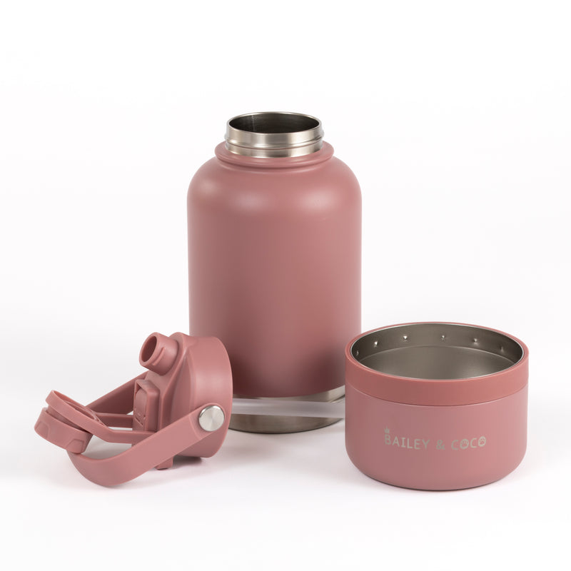 2-in-1 Dog Walking Water Bottle with Straw & Treat Bowl - 1L - Rosewood