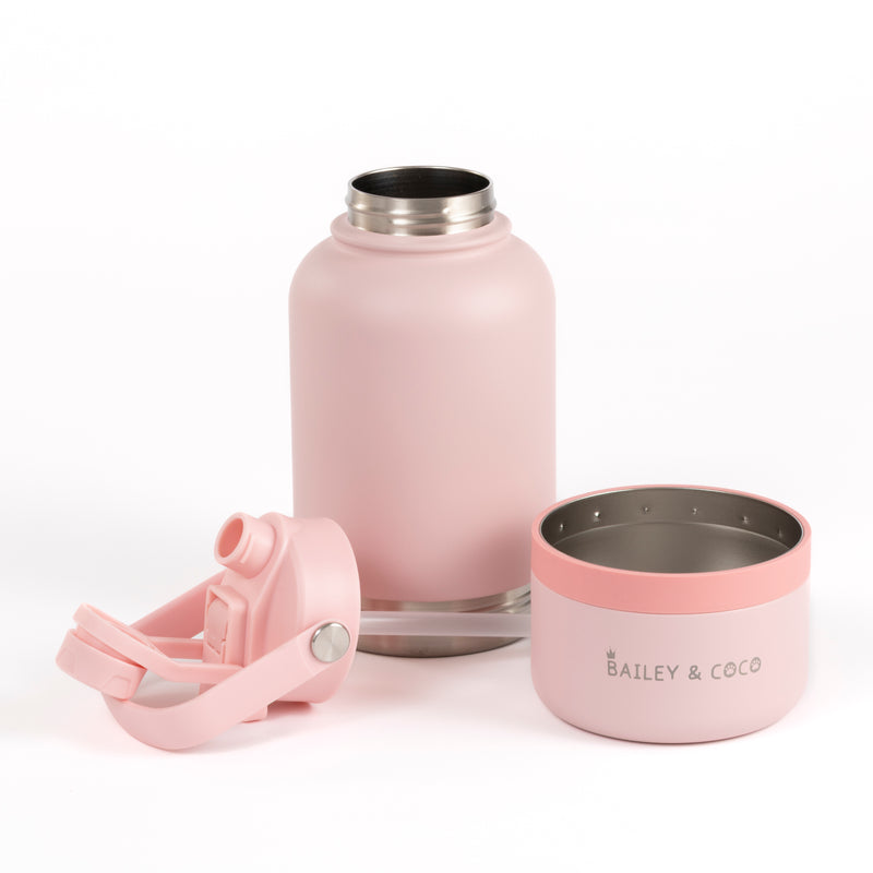 2-in-1 Dog Walking Water Bottle with Straw & Treat Bowl - 1L - Ballet Pink.