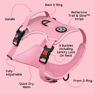 Bubblegum Pink Tweed Dog Harness - No Pull & Reflective | Trail & Glow® - Bailey and Coco (UK)