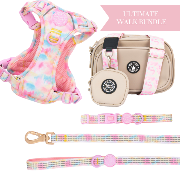 Candy Floss Adjustable Dog Harness, Lead, Collar & Latte Dog Walking Bag Bundle - Bailey and Coco (UK)
