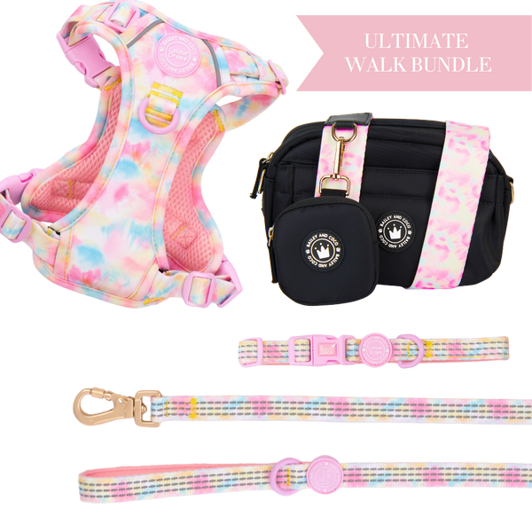 Candy Floss - Colour Drops - Adjustable Dog Harness, Lead, Collar & Mini Black Dog Walking Bag Bundle - Bailey and Coco (UK)
