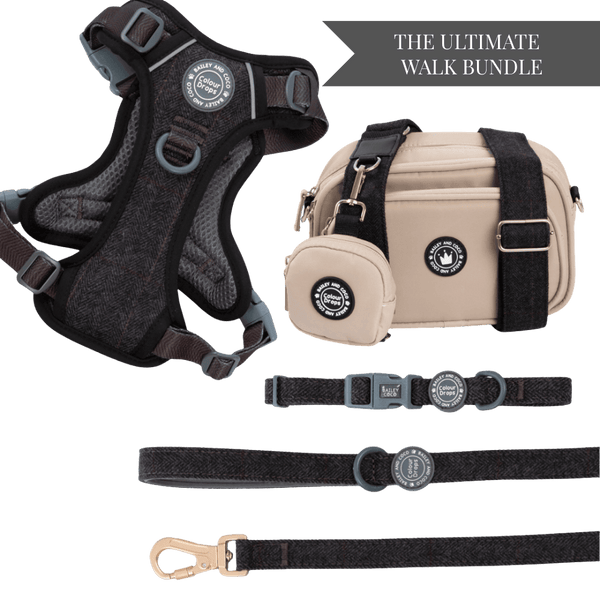 Charcoal Tweed Adjustable Dog Harness, Lead, Collar & Latte Dog Walking Bag Bundle - Bailey and Coco (UK)