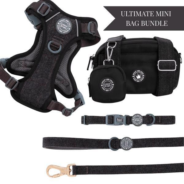 Charcoal Tweed - Colour Drops - Adjustable Dog Harness, Lead, Collar & Mini Black Dog Walking Bag Bundle - Bailey and Coco (UK)