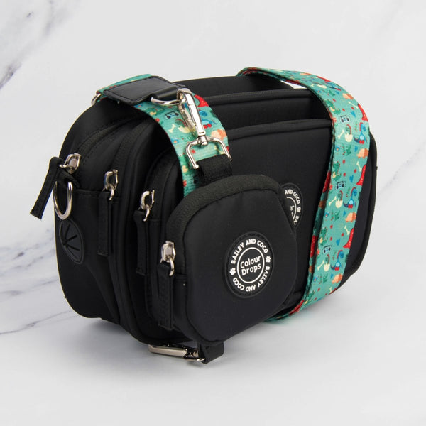 Dog Walking Bag - Black with Dino Party Strap - Bailey and Coco (UK)