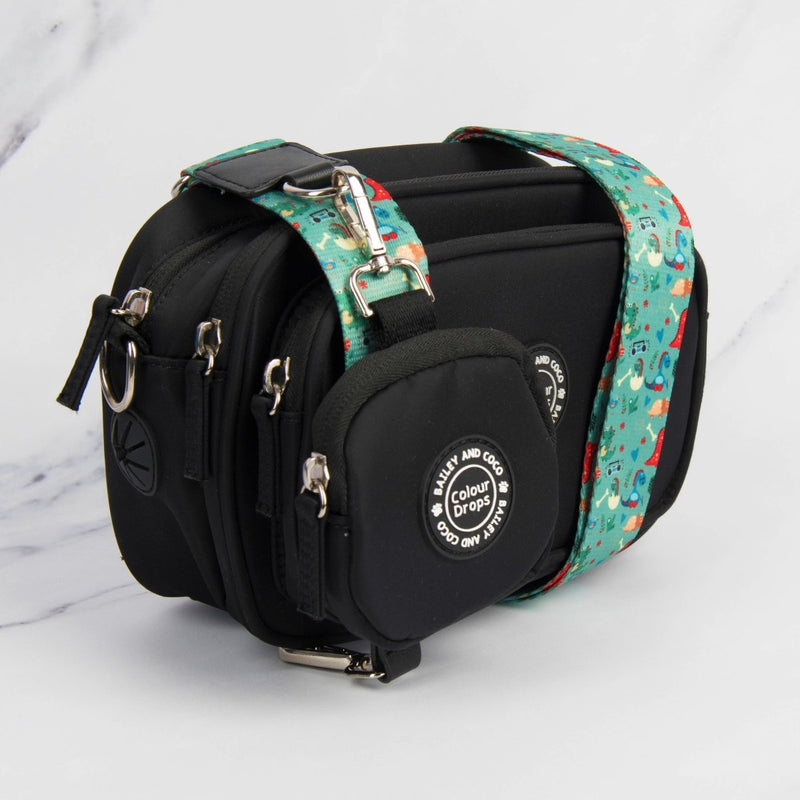 Dog Walking Bag - Black with Dino Party Strap - Bailey and Coco (UK)