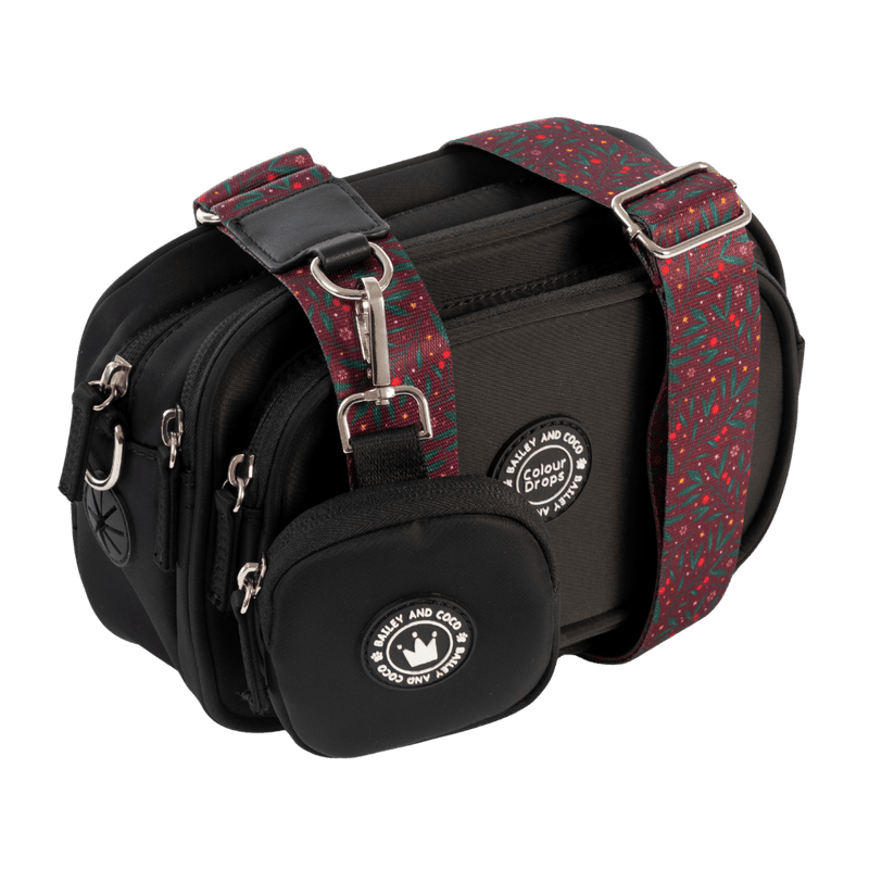 Dog Walking Bag - Black with Jingle Berry Strap - Bailey and Coco (UK)
