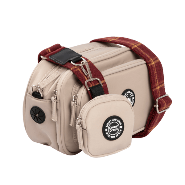 Dog Walking Bag - Latte with Mulberry Plaid Strap - alternate view