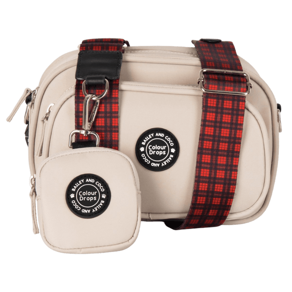 Dog Walking Bag - Latte with Red Tartan Strap - Bailey and Coco (UK)