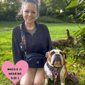 English Bulldog wearing Bailey & Coco Colour Drops Bewitched dog harness sitting beside owner carrying black dog walking bag with matching strap in a UK park