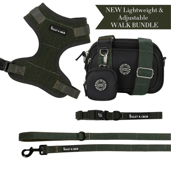 Forest Tweed - Colour Drops - Lightweight & Adjustable Dog Harness, Lead, Collar & Dog Walking Bag Bundle - Bailey and Coco (UK)