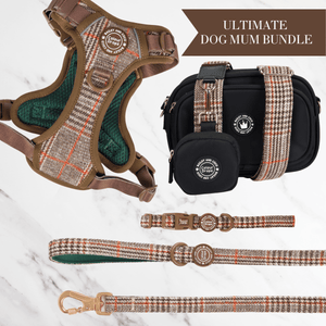 Heritage Plaid Adjustable Dog Harness, Lead, Collar & Black Dog Walking Bag Bundle - Bailey and Coco (UK)