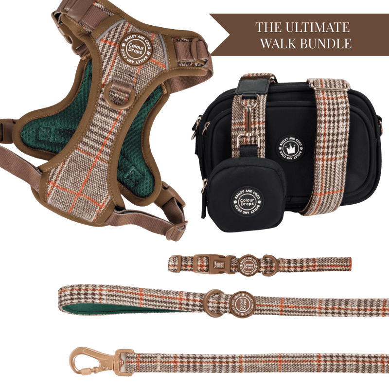 Heritage Plaid Adjustable Dog Harness, Lead, Collar & Black Dog Walking Bag Bundle - Bailey and Coco (UK)