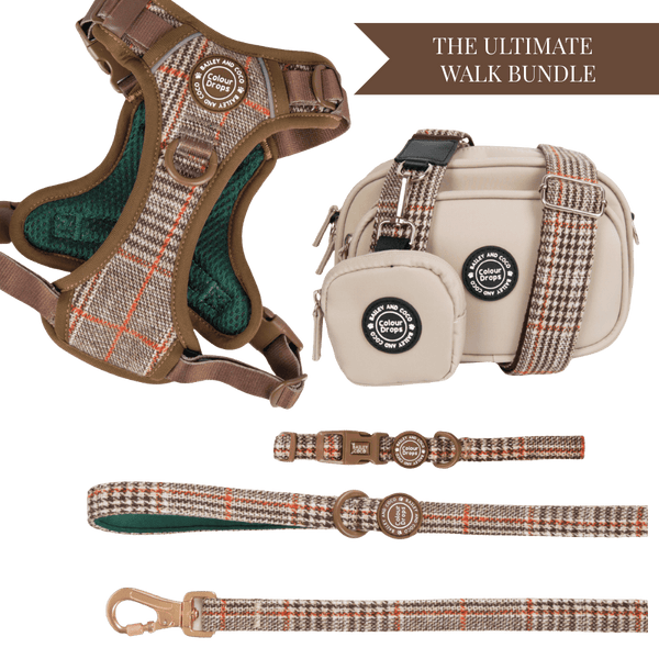 Heritage Plaid Adjustable Dog Harness, Lead, Collar & Latte Dog Walking Bag Bundle - Bailey and Coco (UK)