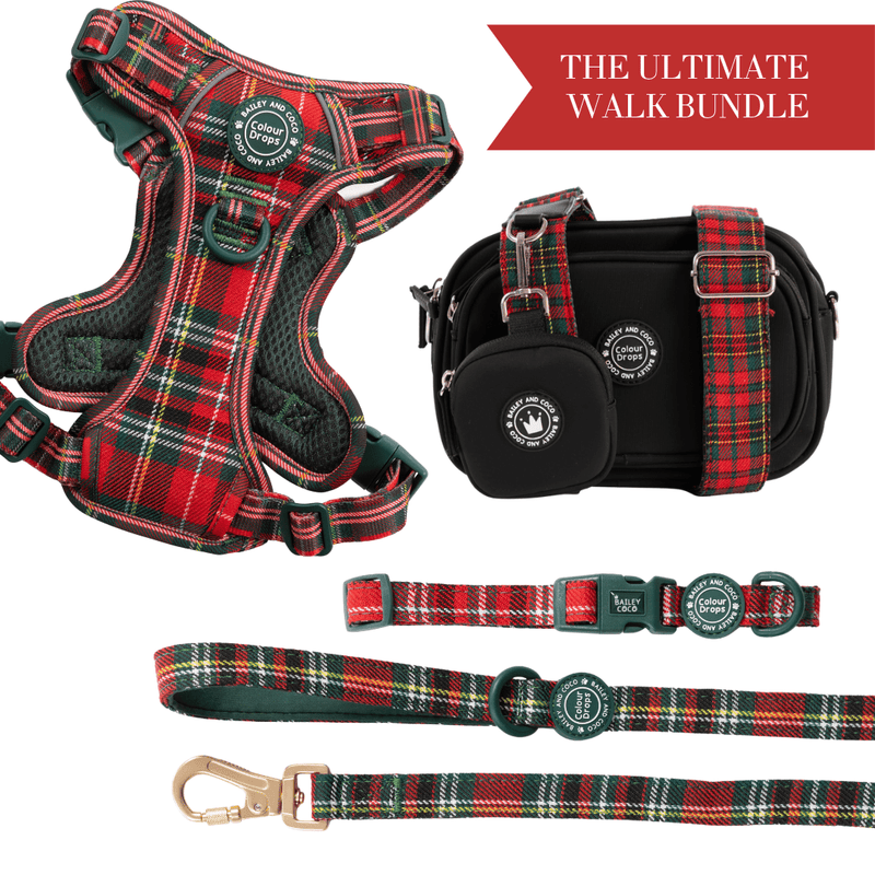 Red Highland Tartan Adjustable Dog Harness, Lead, Collar & Dog Walking Bag Bundle - Bailey and Coco (UK)