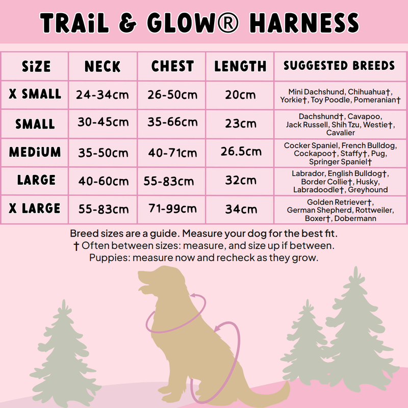 Trail & Glow harness size chart, XS to XL, with suggested breeds - Bailey and Coco (UK)