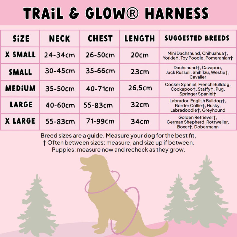 Trail & Glow harness size chart, XS to XL, with suggested breeds - Bailey and Coco (UK)
