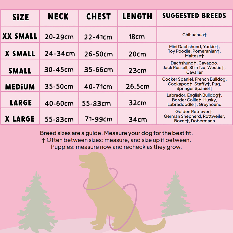 Trail & Glow harness size chart, XXS to XL, with suggested breeds - Bailey and Coco (UK)