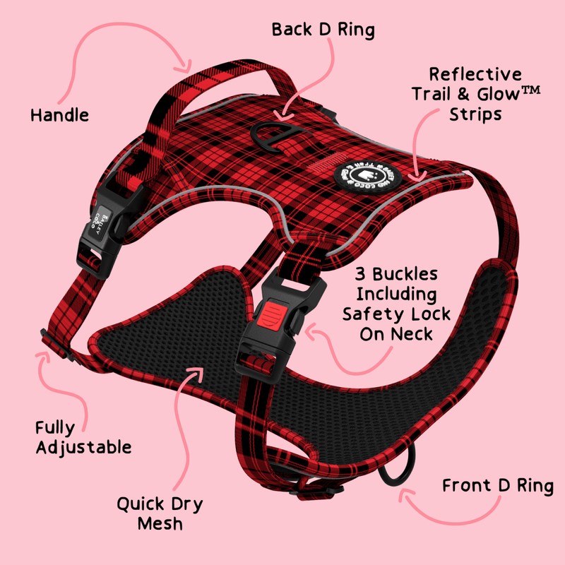 Trail & Glow® Dog Harness - The Red Tartan One - Bailey and Coco (UK)