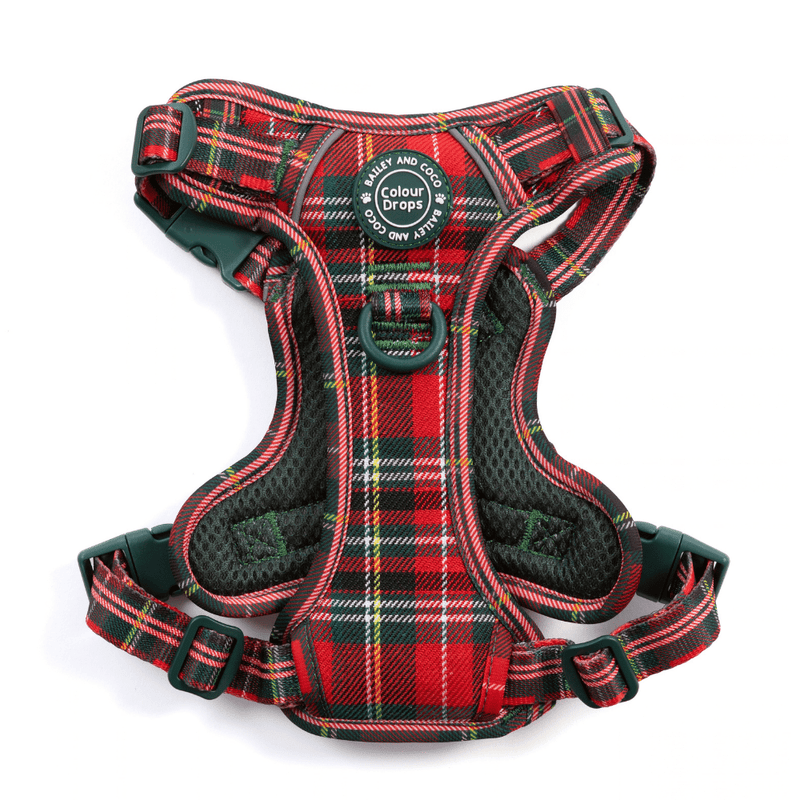 Trail & Glow Tweed Dog Harness - Colour Drops - Red Highland Tartan - Bailey and Coco (UK)