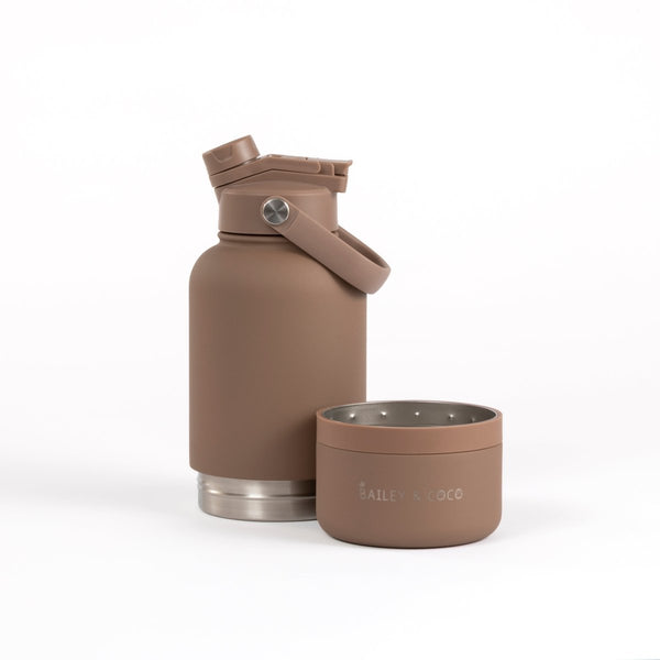 2 - in - 1 Dog Walking Water Bottle with Straw & Treat Bowl - 1L - Cocoa Latte - Bailey and Coco (UK)