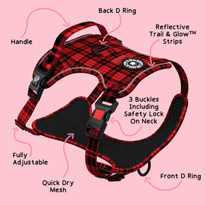 Trail & Glow® Dog Harness - The Red Tartan One.