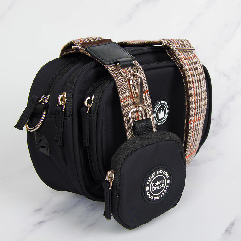 Heritage Plaid Adjustable Dog Harness, Lead, Collar & Black Dog Walking Bag Bundle