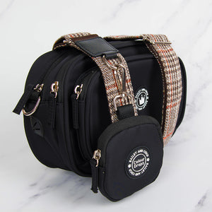 Heritage Plaid Adjustable Dog Harness, Lead, Collar & Black Dog Walking Bag Bundle