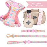Candy Floss Adjustable Dog Harness, Lead, Collar & Latte Dog Walking Bag Bundle