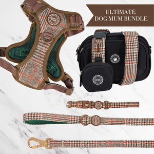 Heritage Plaid Adjustable Dog Harness, Lead, Collar & Black Dog Walking Bag Bundle