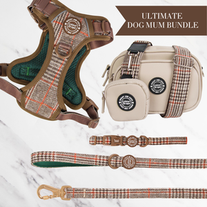 Heritage Plaid Adjustable Dog Harness, Lead, Collar & Latte Dog Walking Bag Bundle