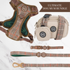 Heritage Plaid Adjustable Dog Harness, Lead, Collar & Latte Dog Walking Bag Bundle