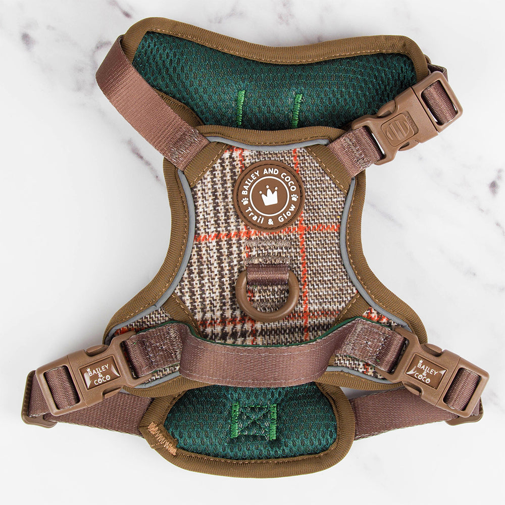 Trail & Glow Tweed Dog Harness - Colour Drops - Heritage Plaid