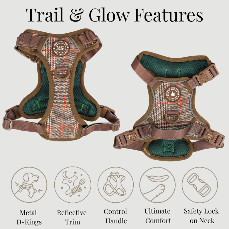 Trail & Glow Tweed Dog Harness - Colour Drops - Heritage Plaid