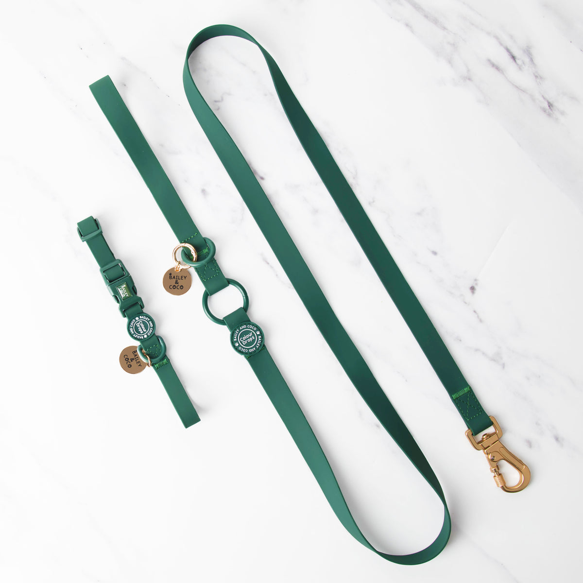 Waterproof Dog Lead & Collar Set - Colour Drops - Forest Green