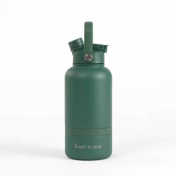 2-in-1  Dog Walking Water Bottle with Straw & Treat Bowl  - 1L - Forest Walk