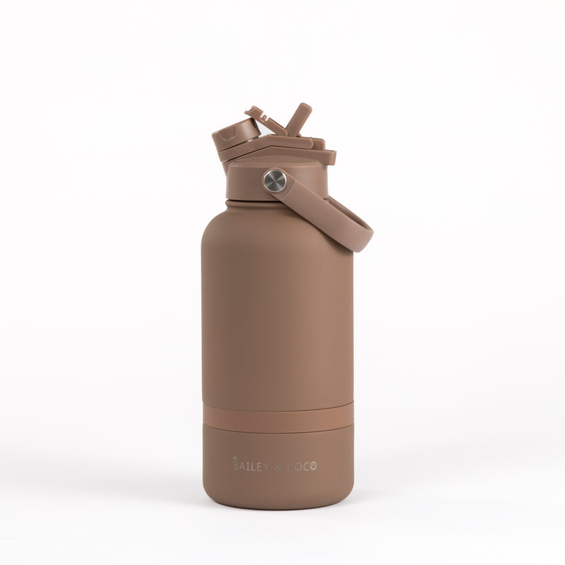 2-in-1  Dog Walking Water Bottle with Straw & Treat Bowl  - 1L - Cocoa Latte.