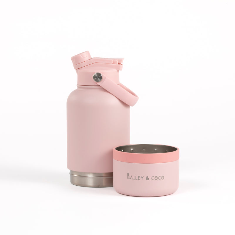 2-in-1  Dog Walking Water Bottle with Straw & Treat Bowl  - 1L - Ballet Pink.