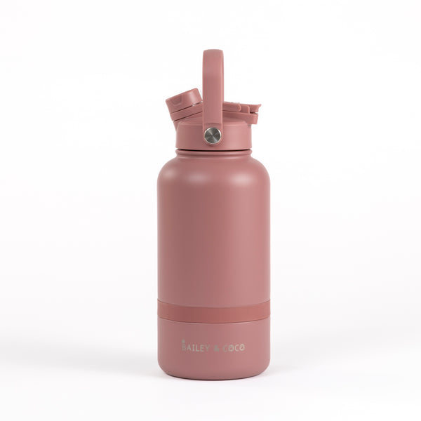 2-in-1  Dog Walking Water Bottle with Straw & Treat Bowl  - 1L - Rosewood