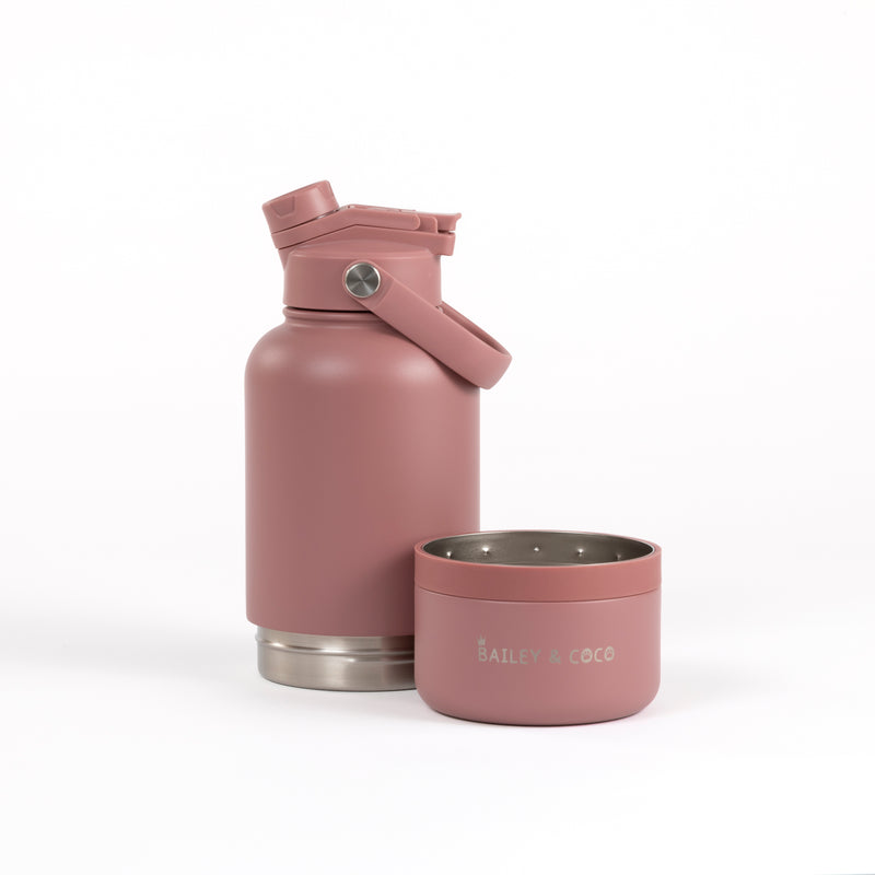 2-in-1  Dog Walking Water Bottle with Straw & Treat Bowl  - 1L - Rosewood