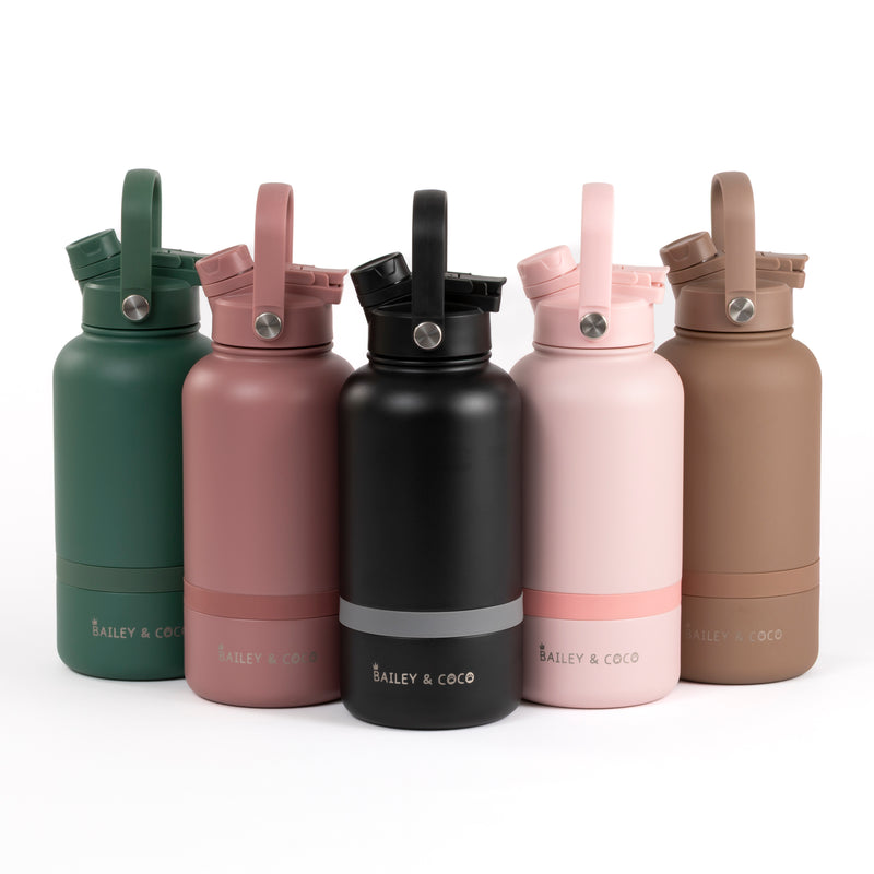 2-in-1  Dog Walking Water Bottle with Straw & Treat Bowl  - 1L - Rosewood