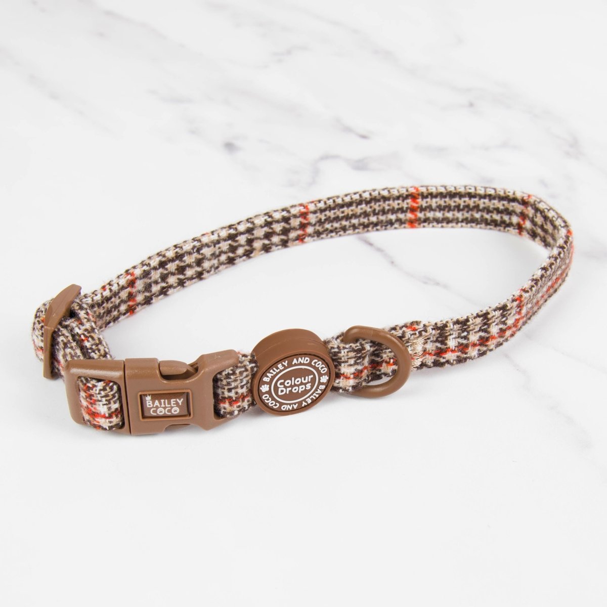 Heritage Plaid adjustable dog collar from Bailey and Coco, a durable and stylish collar for cold weather walks