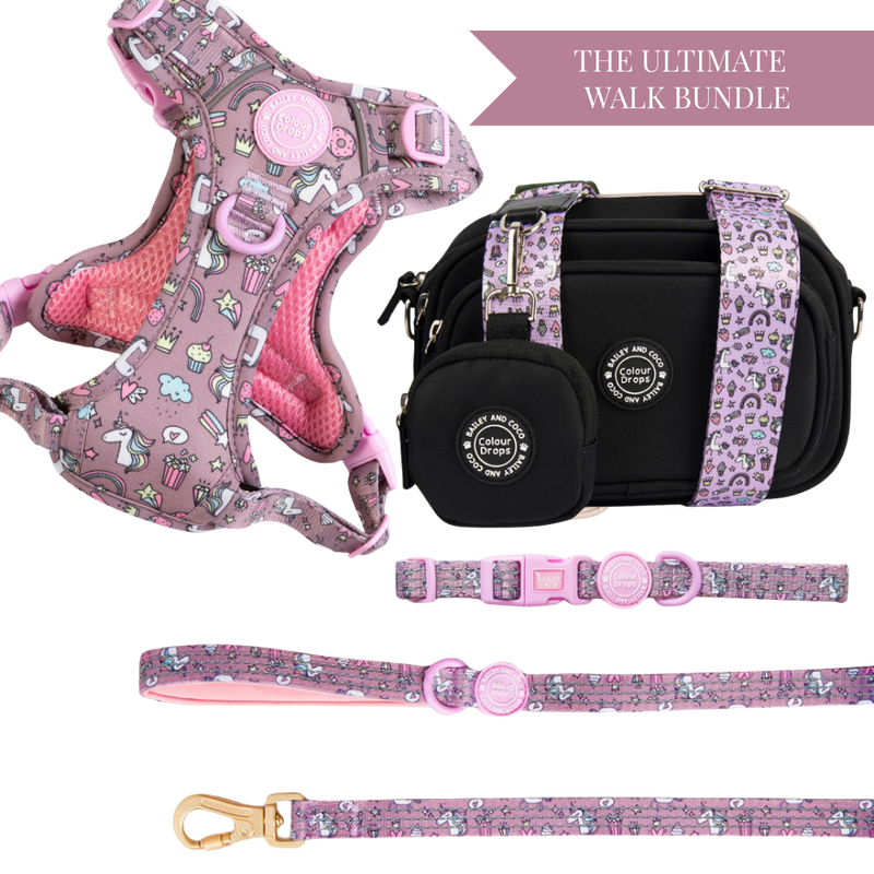 Be Unique Colour Drops - Adjustable Dog Harness, Lead, Collar & Black Dog Walking Bag Bundle - Bailey and Coco (UK)