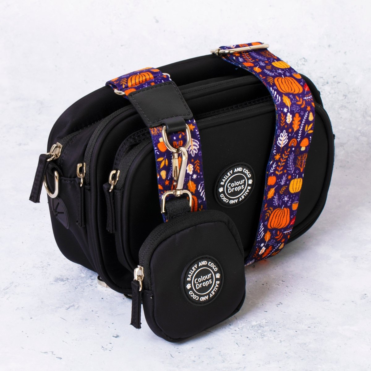 Bailey & Coco black dog walking bag with Colour Drops Bewitched strap and matching treat pouch product image on white marble background